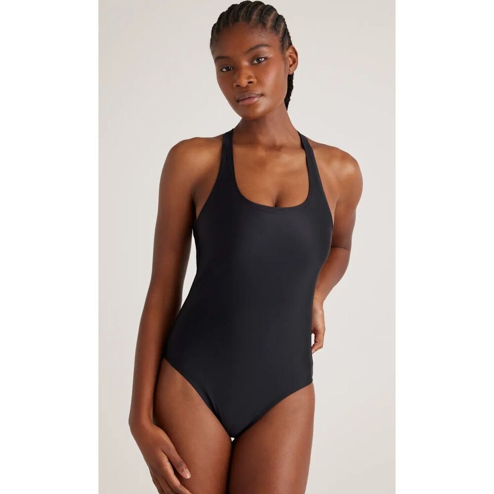 Quince Italian Crossback One Piece Swimsuit Women's Medium SPF Black NWT